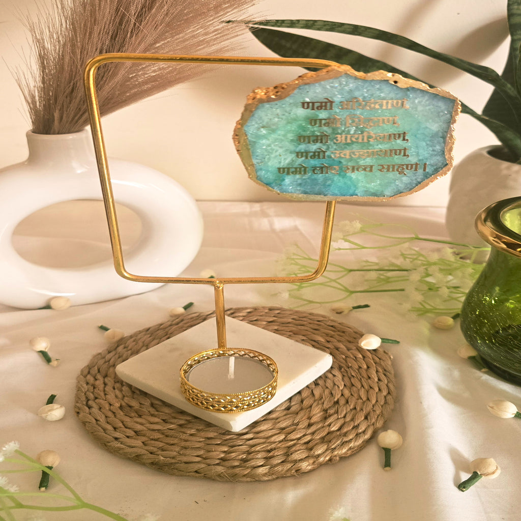 Agate Namokar Mantra Rectangular Shape Metal Showpiece- Turquoise