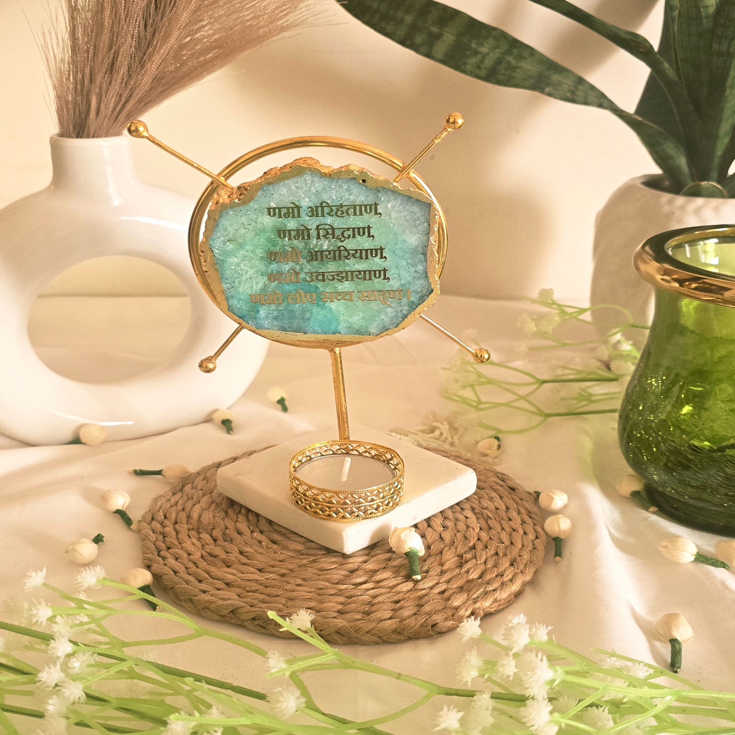 Agate Namokar Mantra Round Shape Metal Showpiece- Turquoise