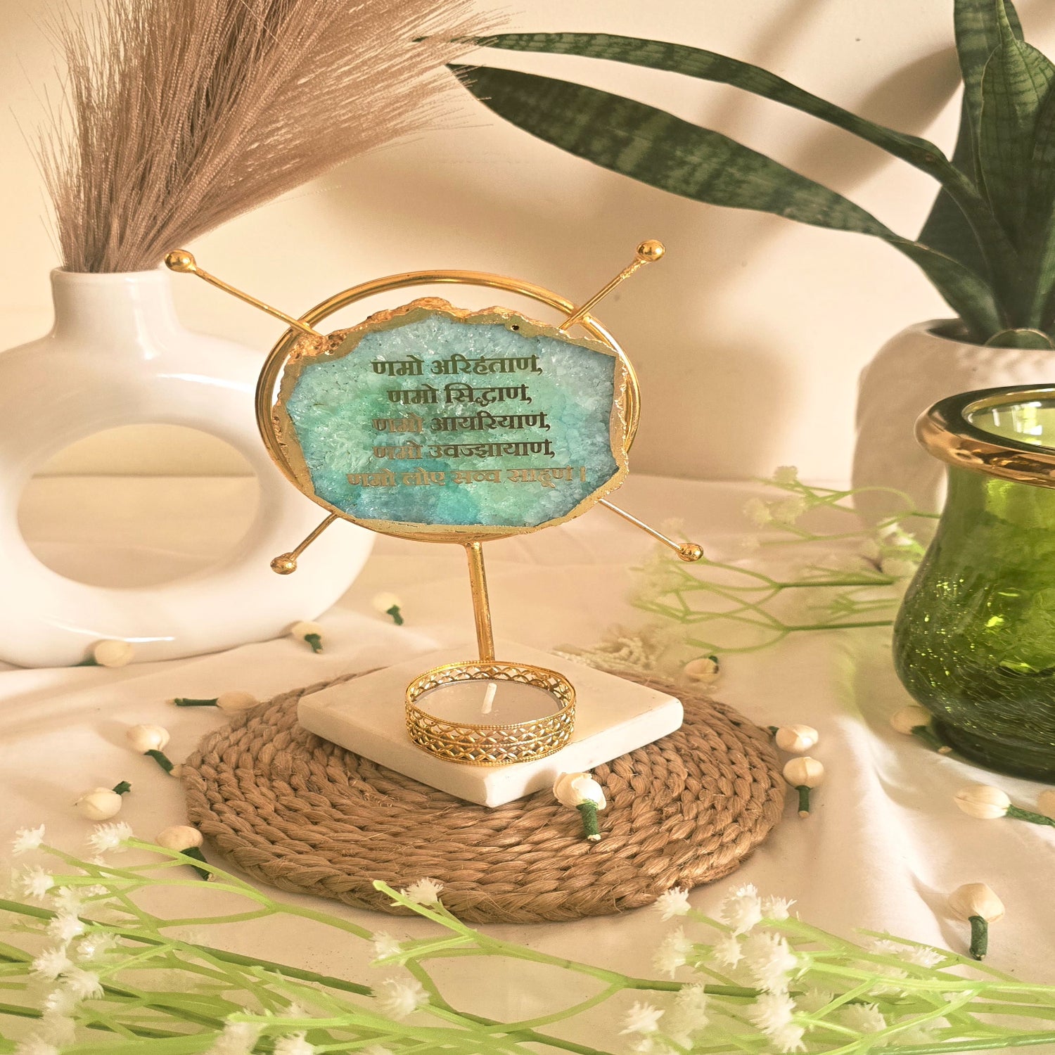 Agate Namokar Mantra Round Shape Metal Showpiece- Turquoise