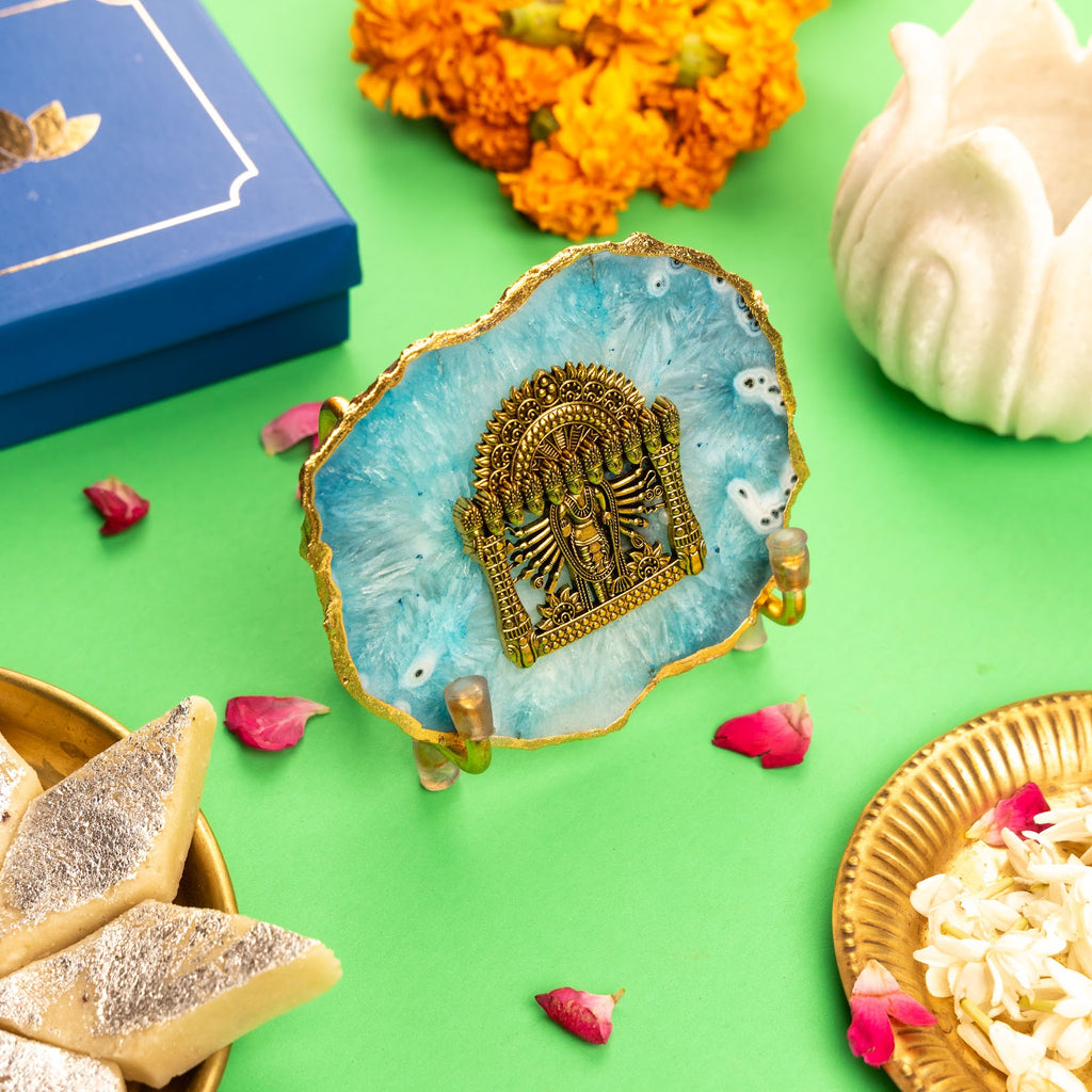 Agate Narayan Showpiece Gold Platting Edge With Metal Stand - Blue