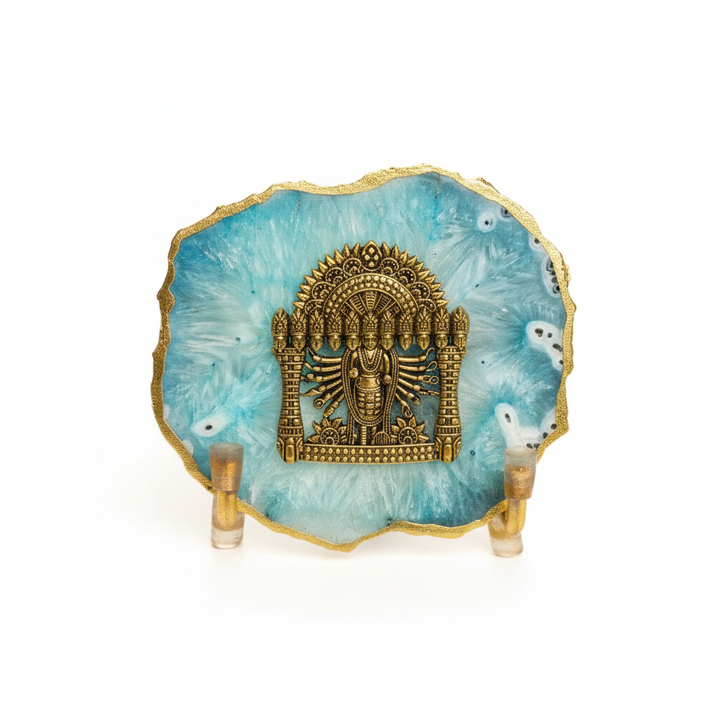 Agate Narayan Showpiece Gold Platting Edge With Metal Stand - Blue