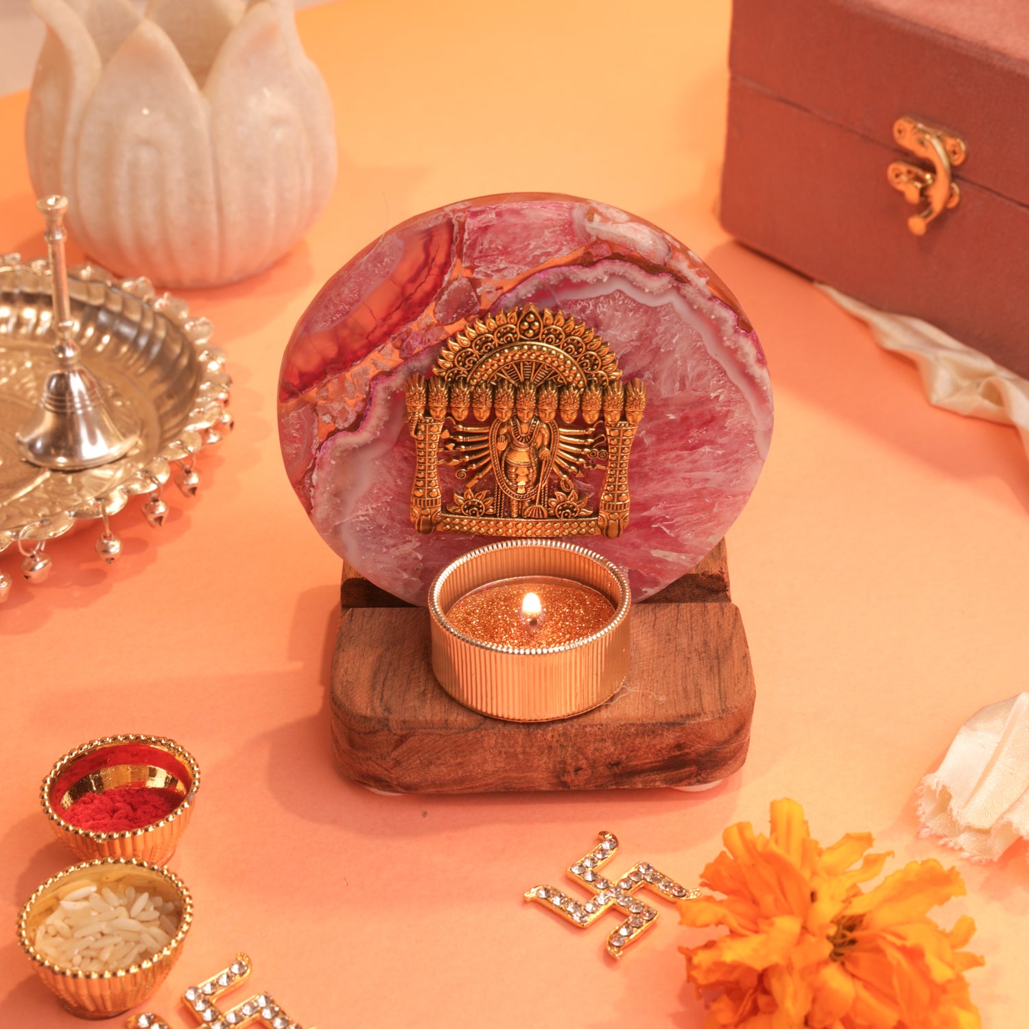 Agate Narayan Wooden Tealight - Pink