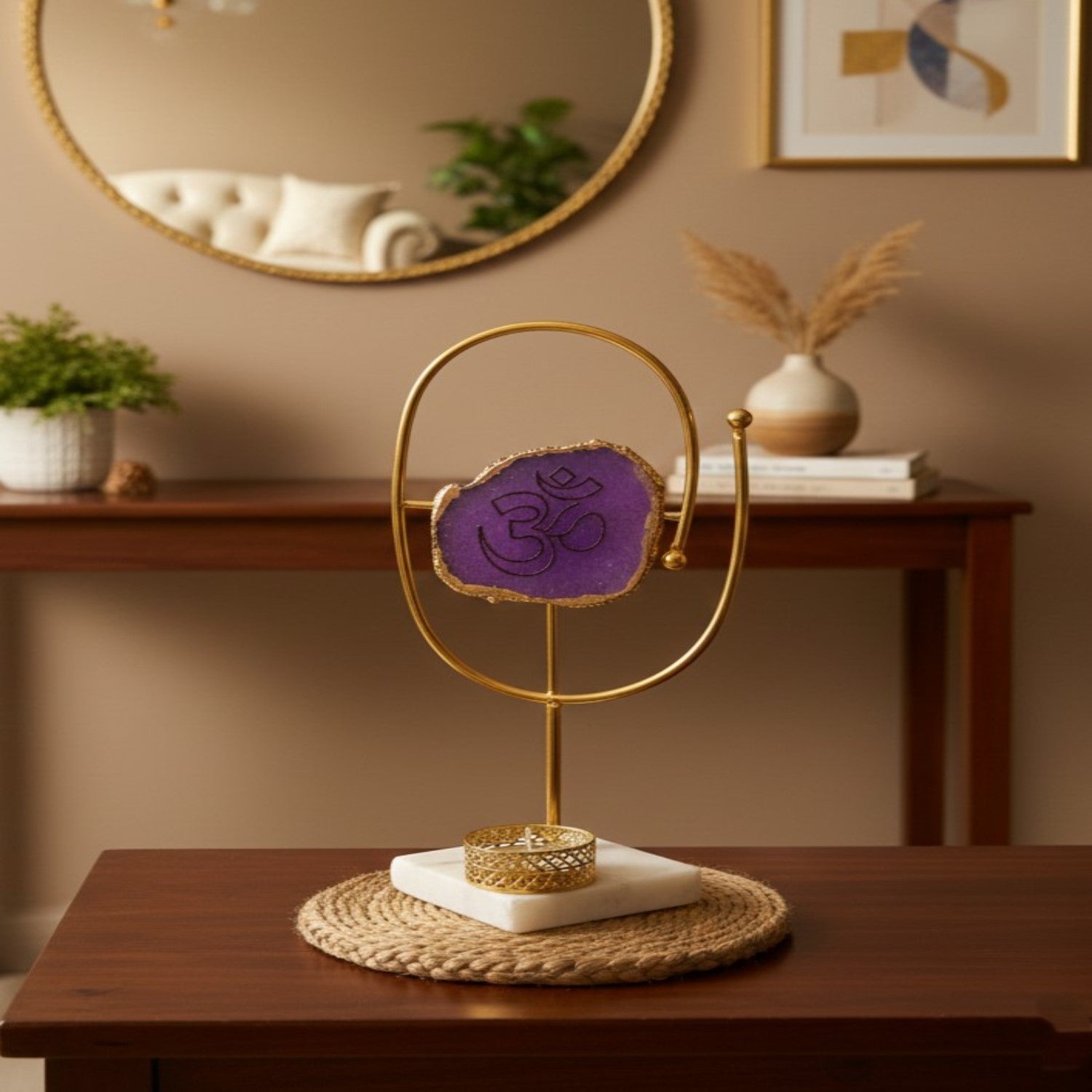 Agate OM Oval Shape Metal Showpiece- Purple