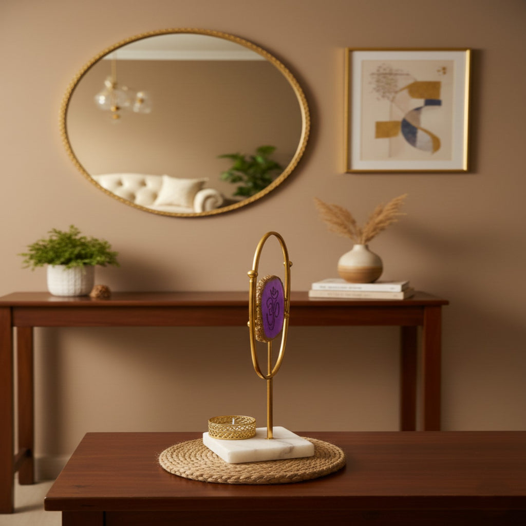 Agate OM Oval Shape Metal Showpiece- Purple