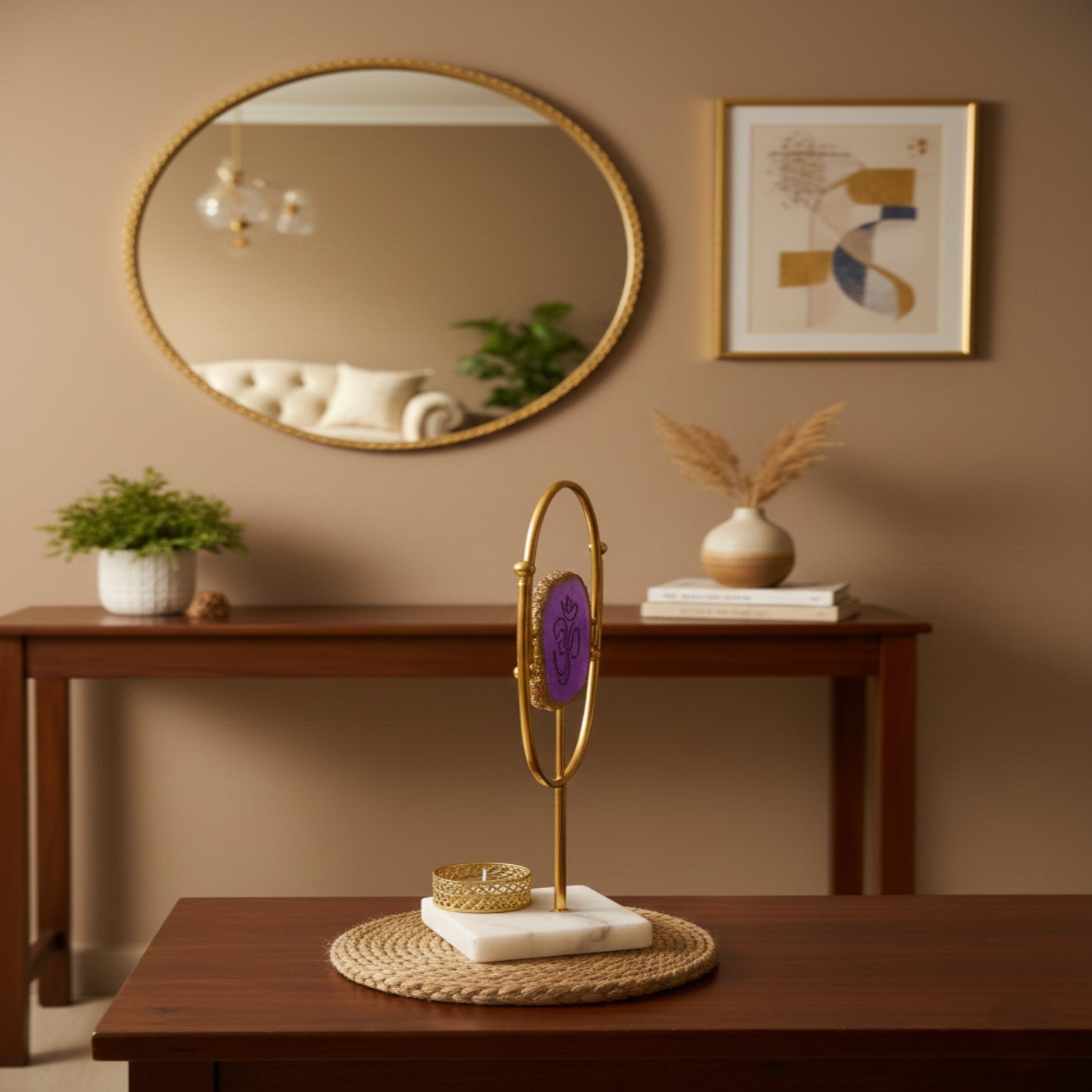 Agate OM Oval Shape Metal Showpiece- Purple