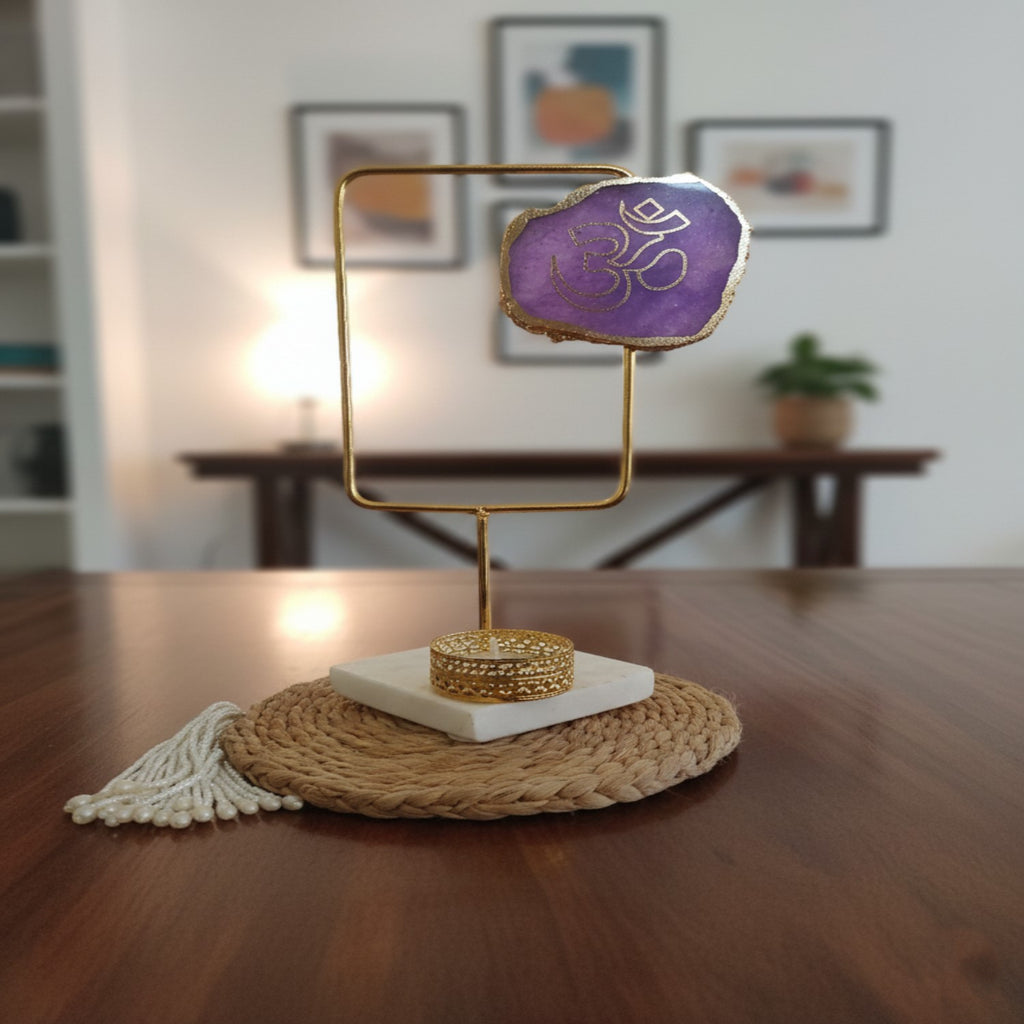Agate OM Rectangular Shape Metal Showpiece- Purple