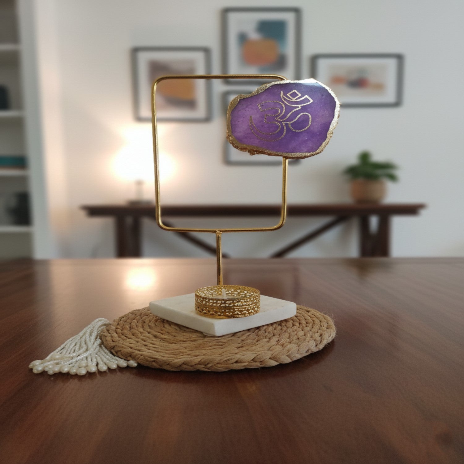 Agate OM Rectangular Shape Metal Showpiece- Purple
