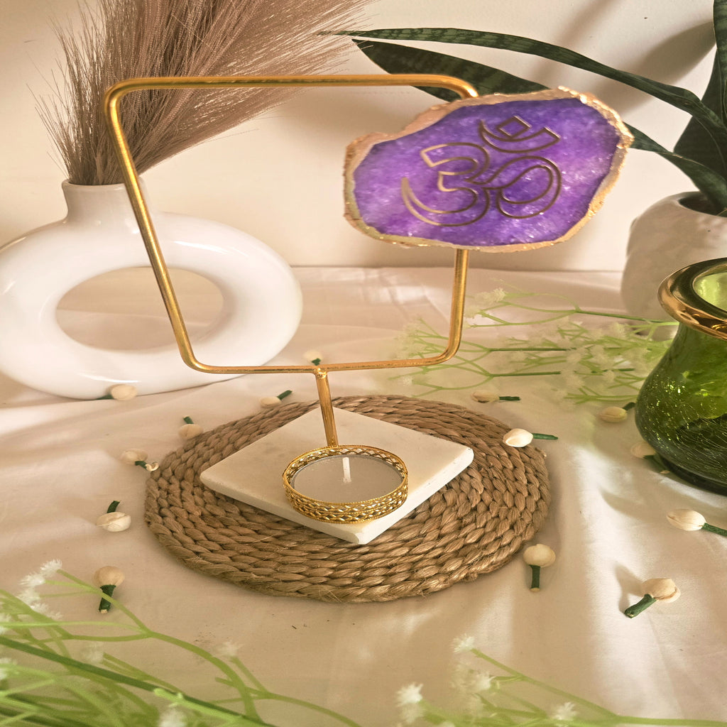 Agate OM Rectangular Shape Metal Showpiece- Purple