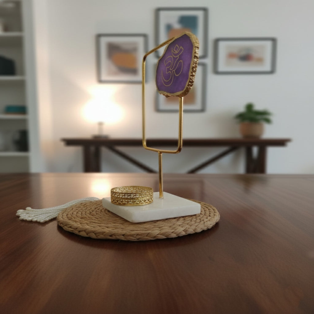 Agate OM Rectangular Shape Metal Showpiece- Purple