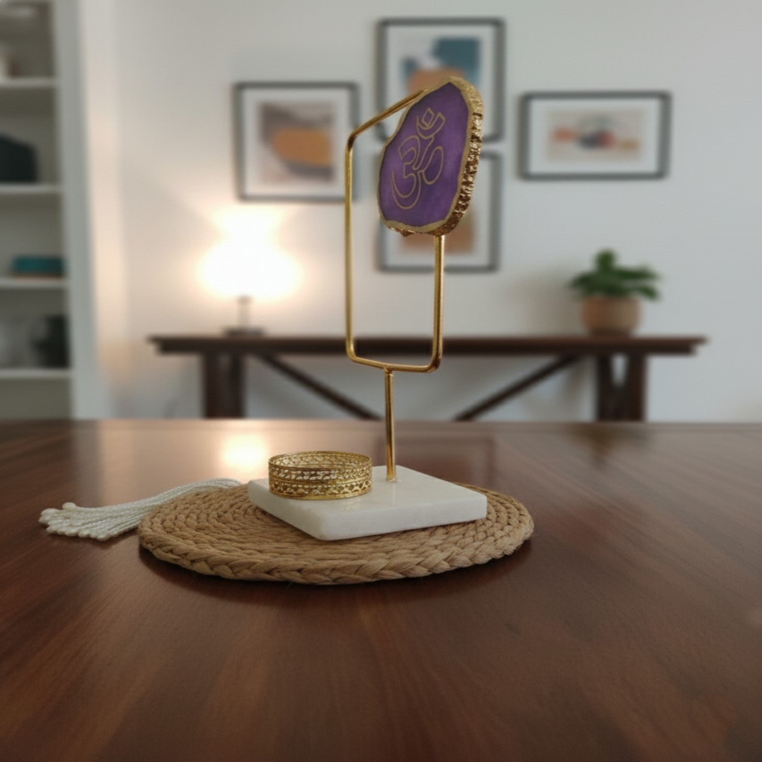 Agate OM Rectangular Shape Metal Showpiece- Purple