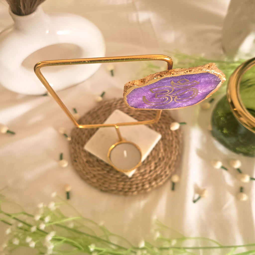 Agate OM Rectangular Shape Metal Showpiece- Purple