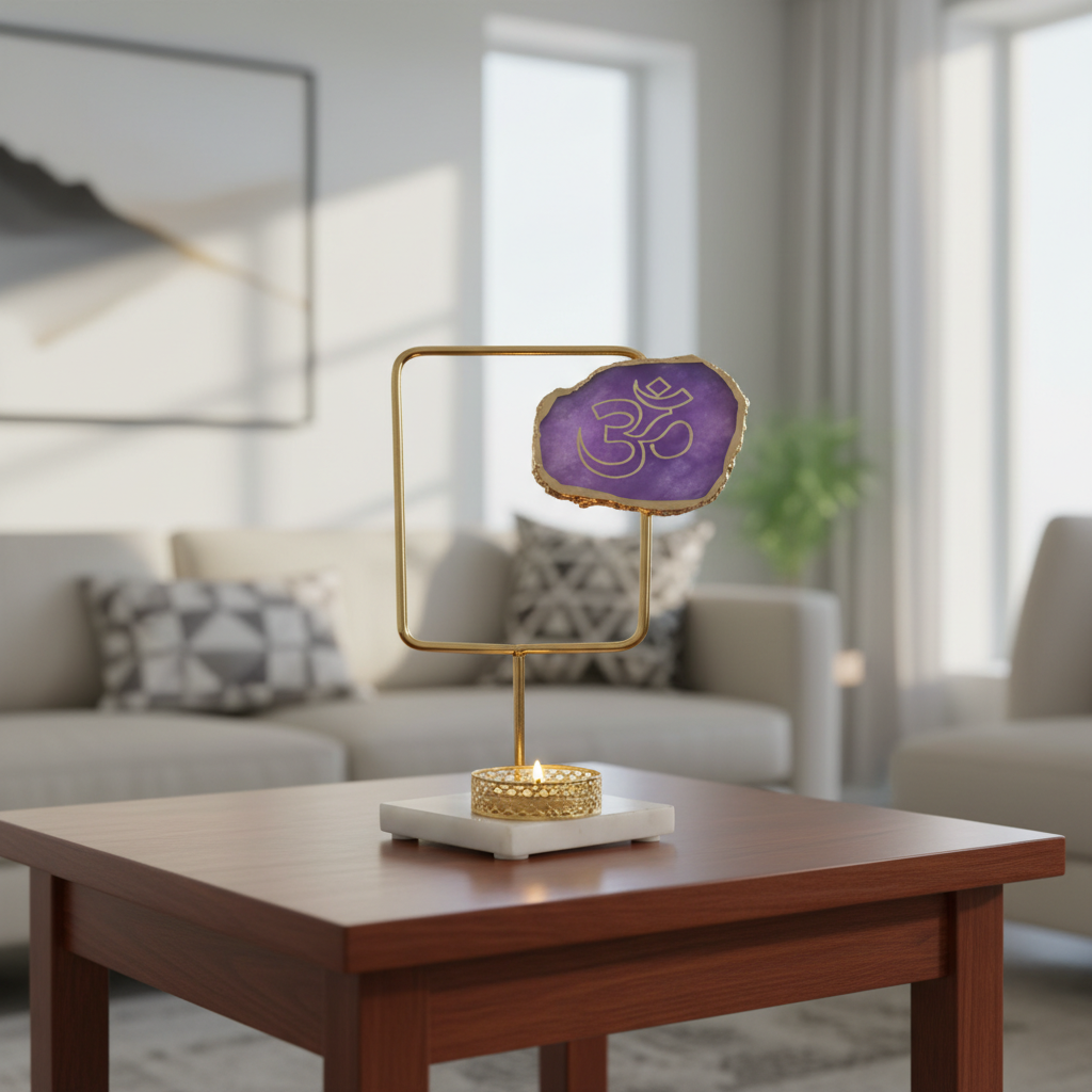 Agate OM Rectangular Shape Metal Showpiece- Purple