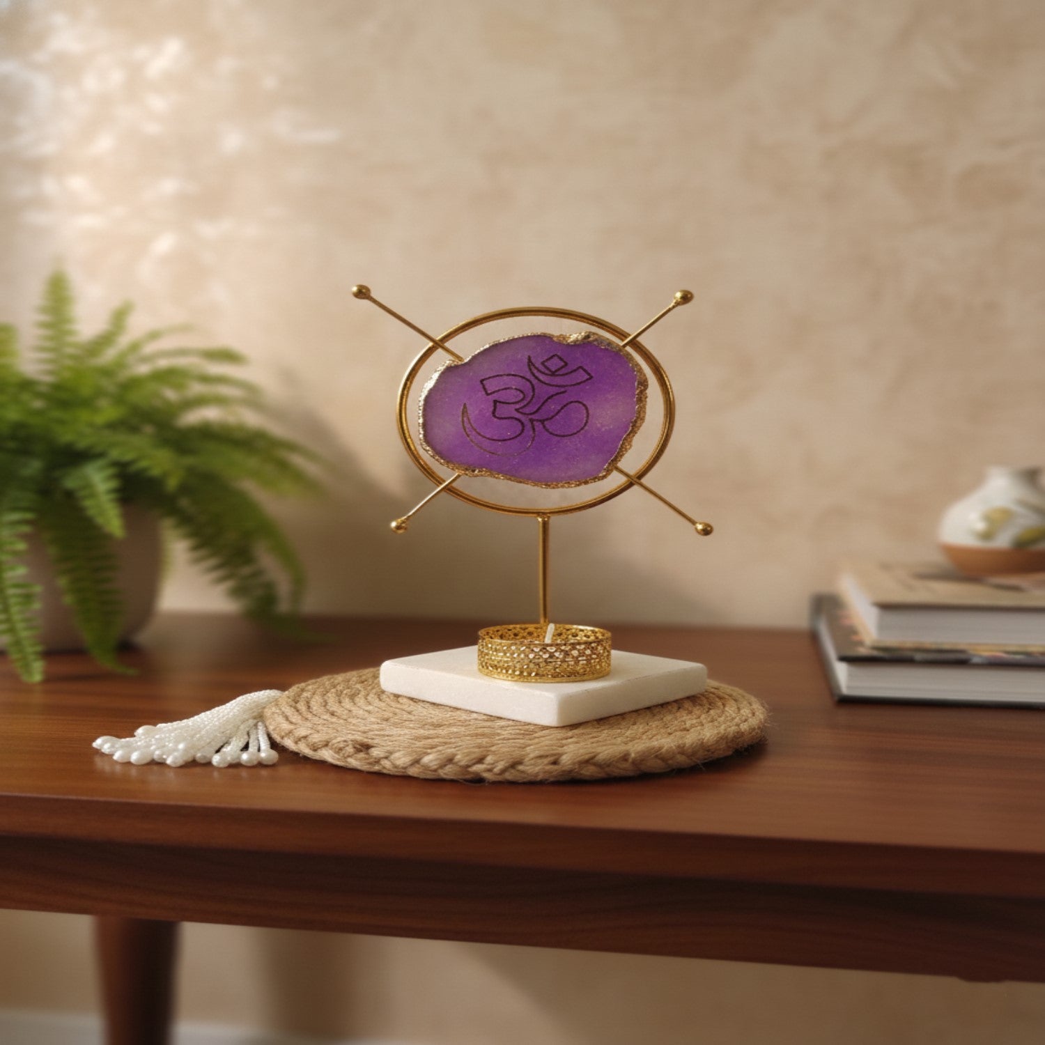 Agate OM Round Shape Metal Showpiece- Purple