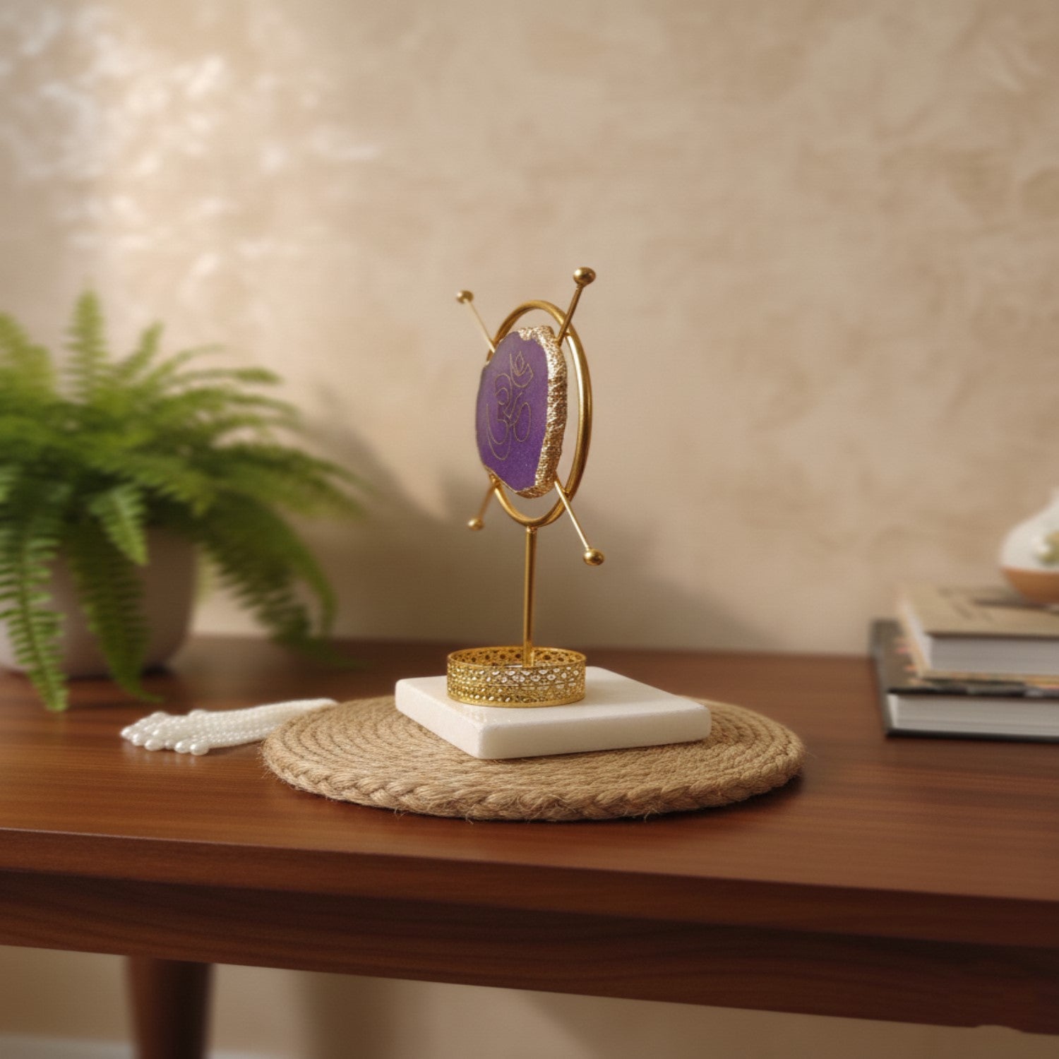 Agate OM Round Shape Metal Showpiece- Purple