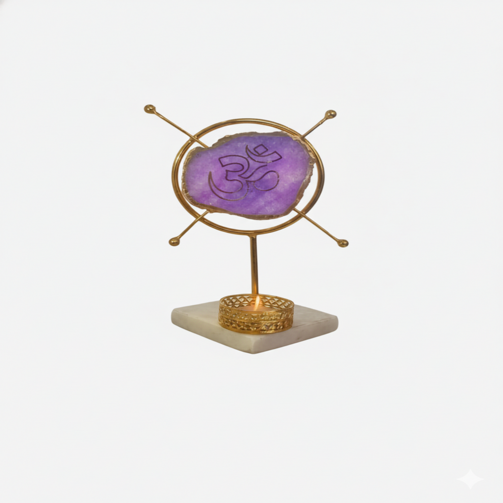 Agate OM Round Shape Metal Showpiece- Purple