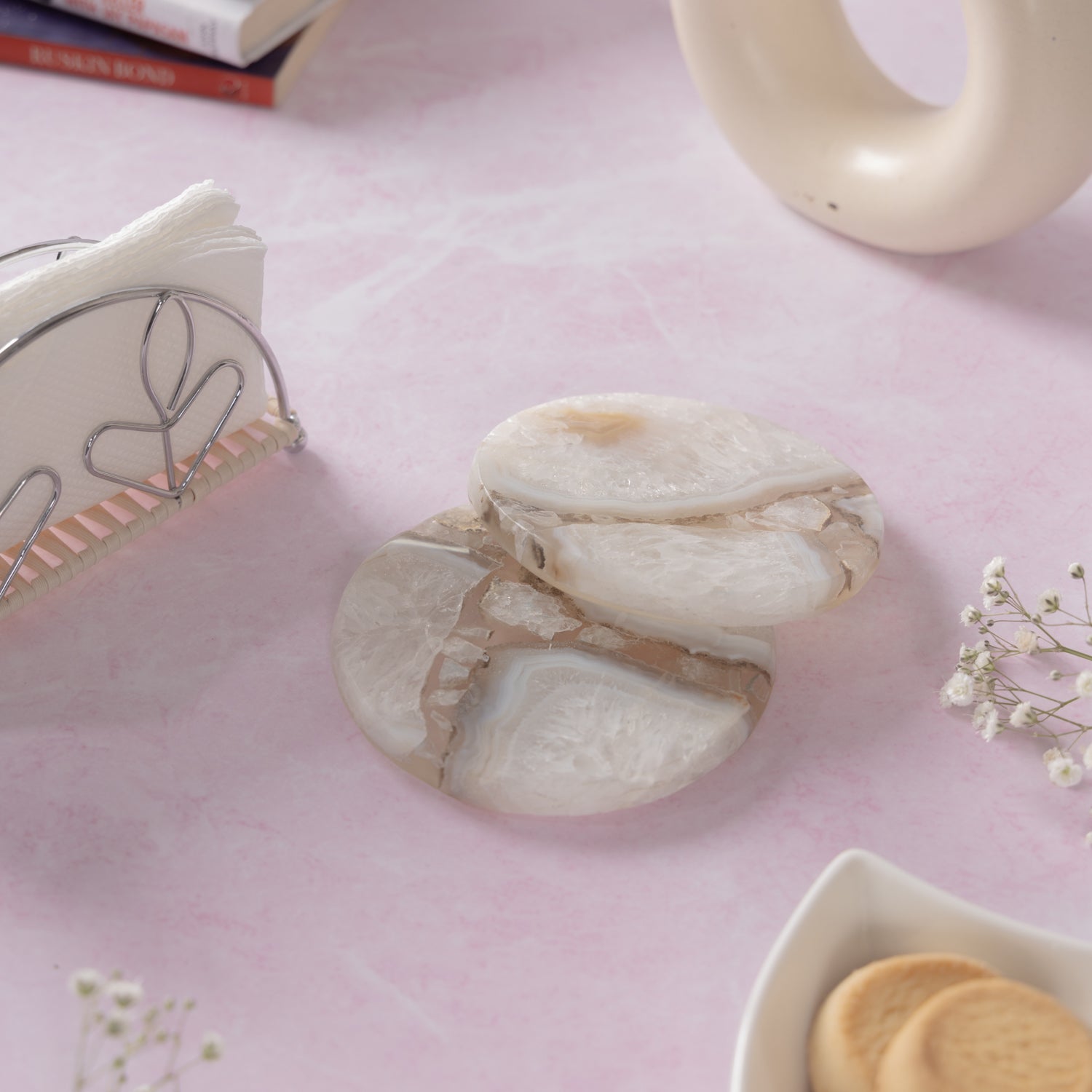 White Agate Round Resin Coaster Set of 2