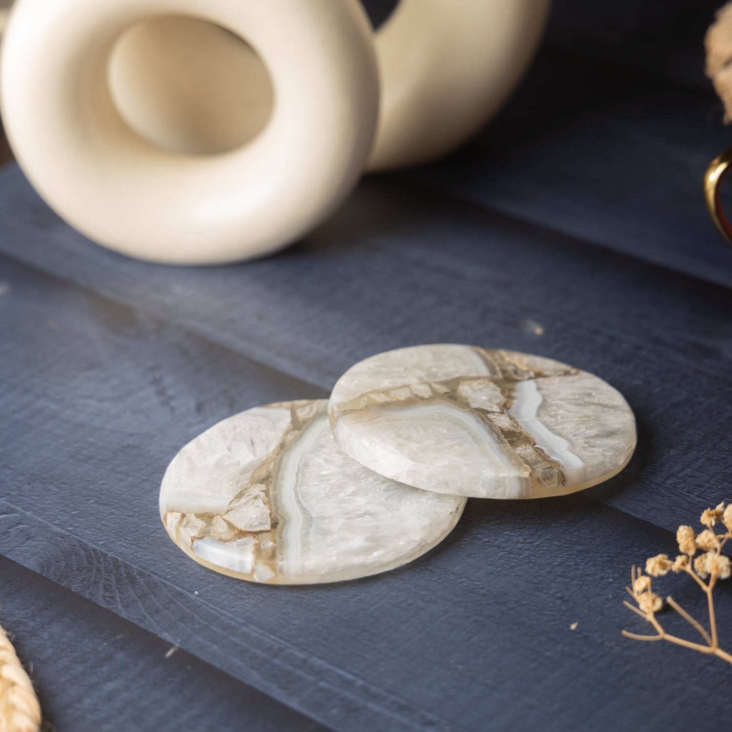 White Agate Round Resin Coaster Set of 2