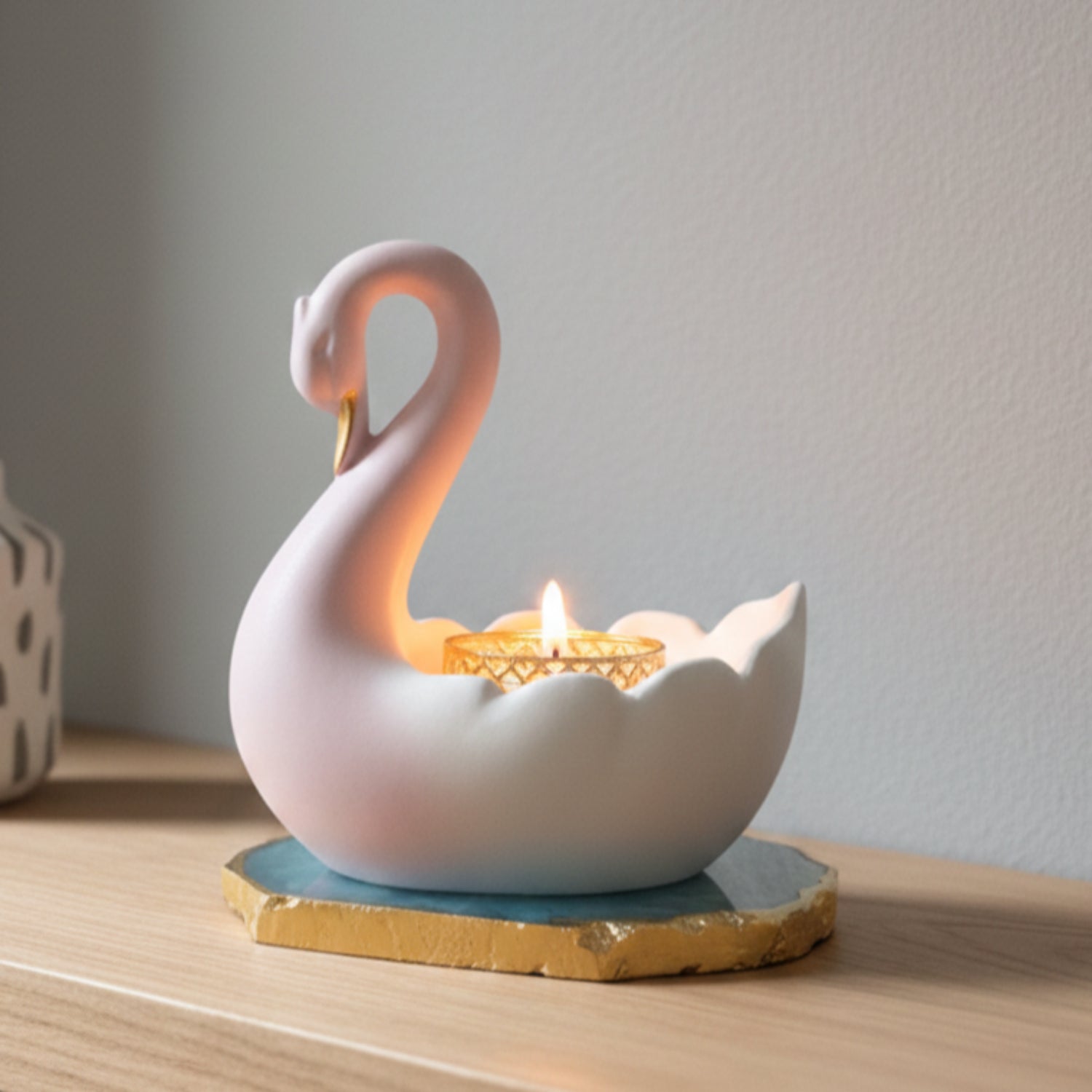 Swan Shaped Tealight Candle Holder Agate Base Blue