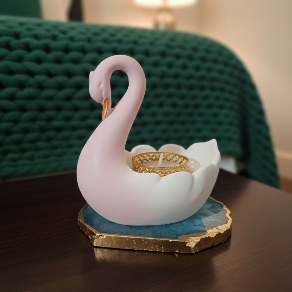 Swan Shaped Tealight Candle Holder Agate Base Blue