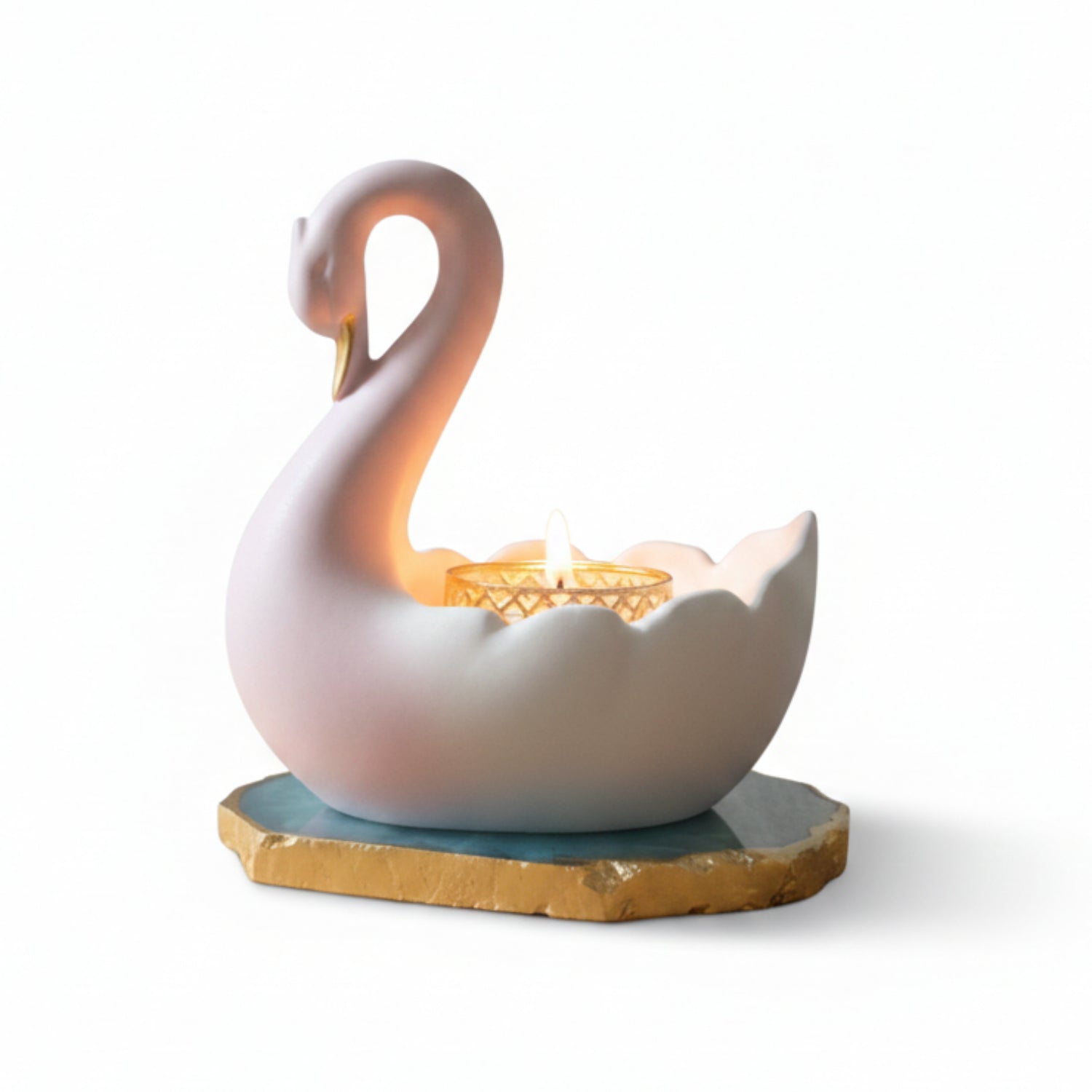 Swan Shaped Tealight Candle Holder Agate Base Blue
