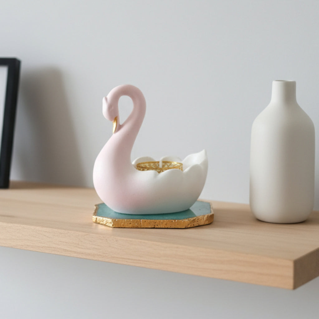 Swan Shaped Tealight Candle Holder Agate Base Green