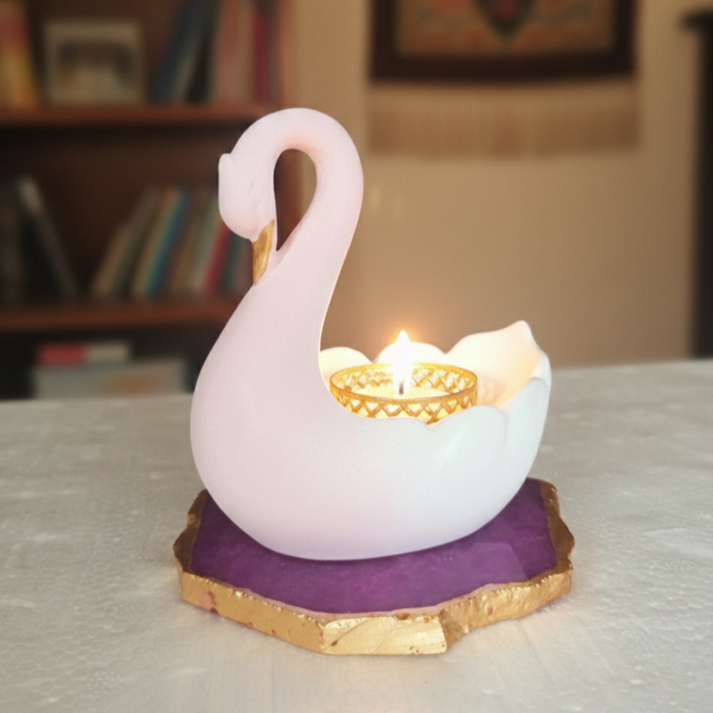 Swan Shaped Tealight Candle Holder Agate Base Pink