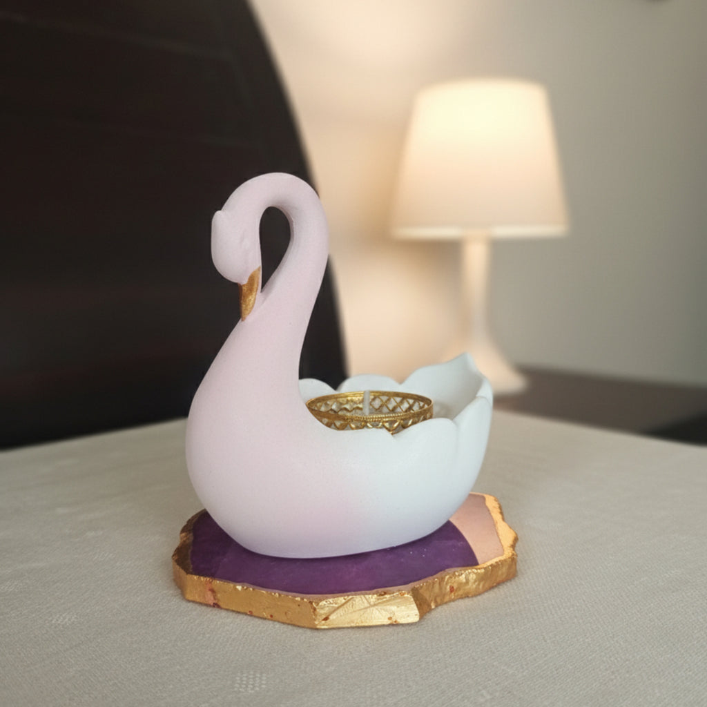 Swan Shaped Tealight Candle Holder Agate Base Pink
