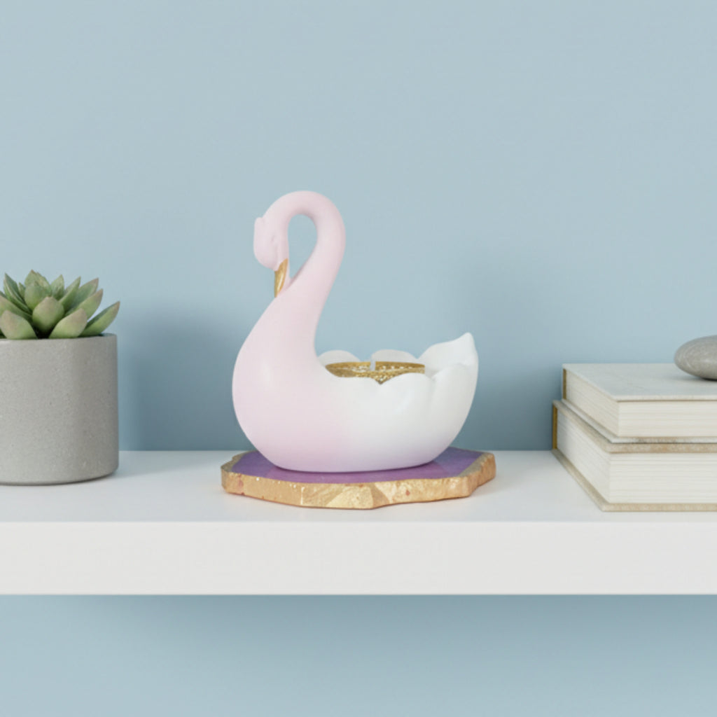 Swan Shaped Tealight Candle Holder Agate Base Pink
