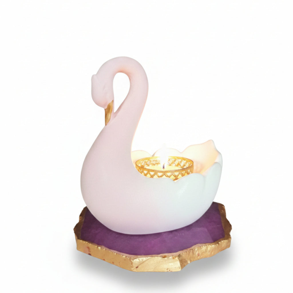 Swan Shaped Tealight Candle Holder Agate Base Pink