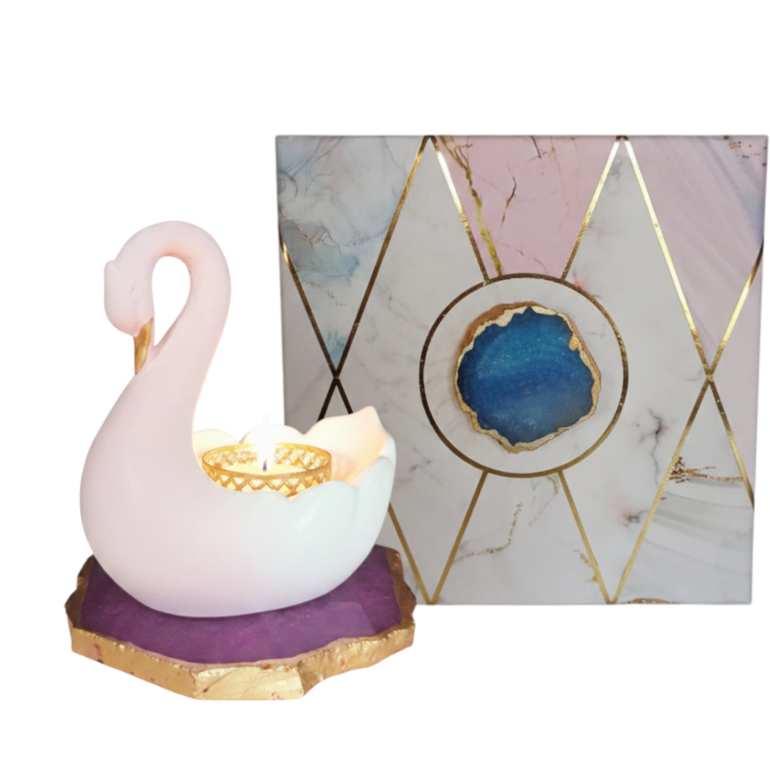 Swan Shaped Tealight Candle Holder Agate Base Pink