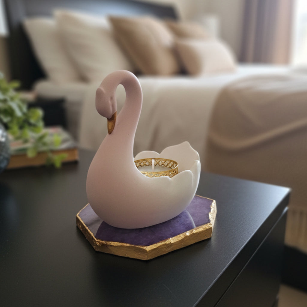 Swan Shaped Tealight Candle Holder Agate Base Purple