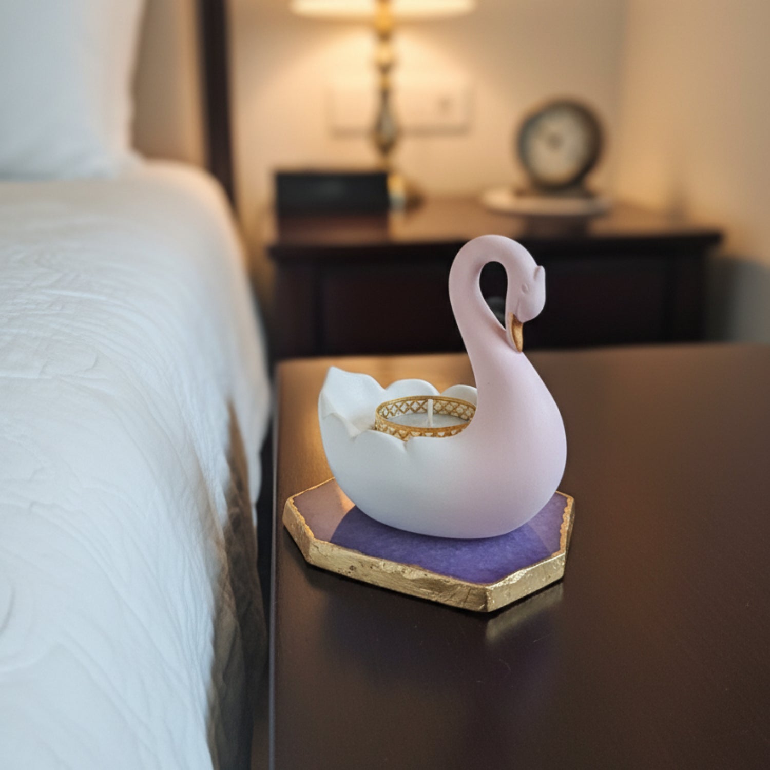 Swan Shaped Tealight Candle Holder Agate Base Purple