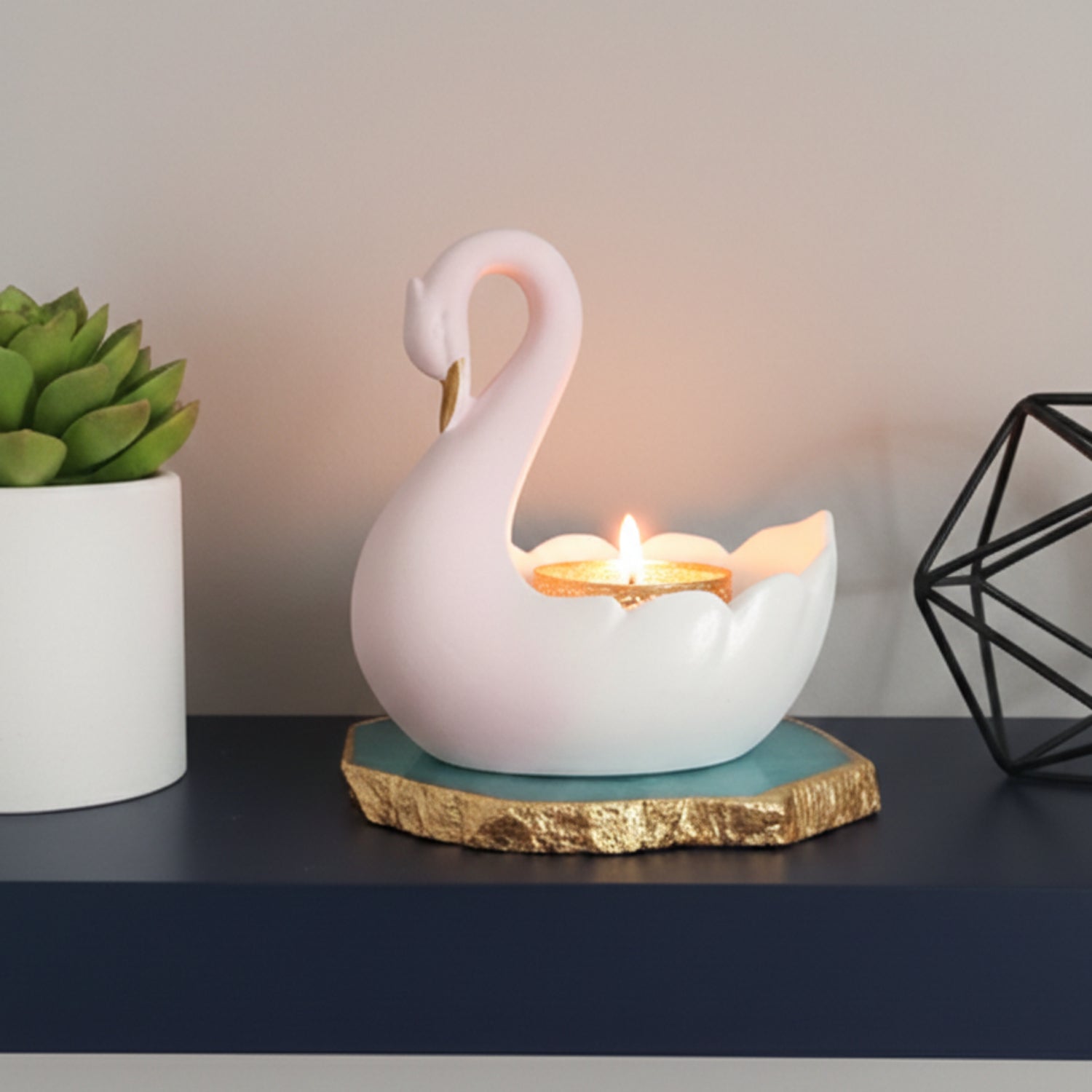 Swan Shaped Tealight Candle Holder Agate Base Turquoise
