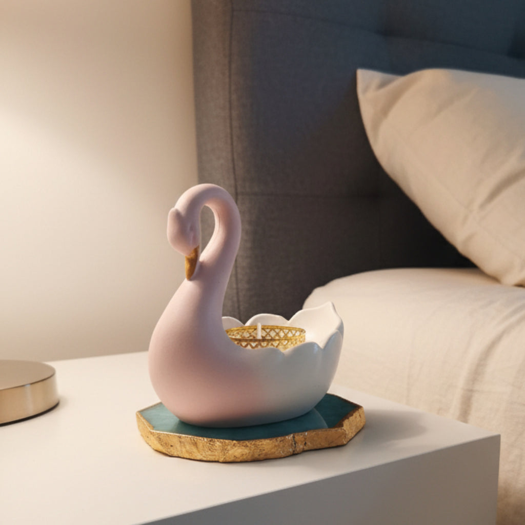 Swan Shaped Tealight Candle Holder Agate Base Turquoise