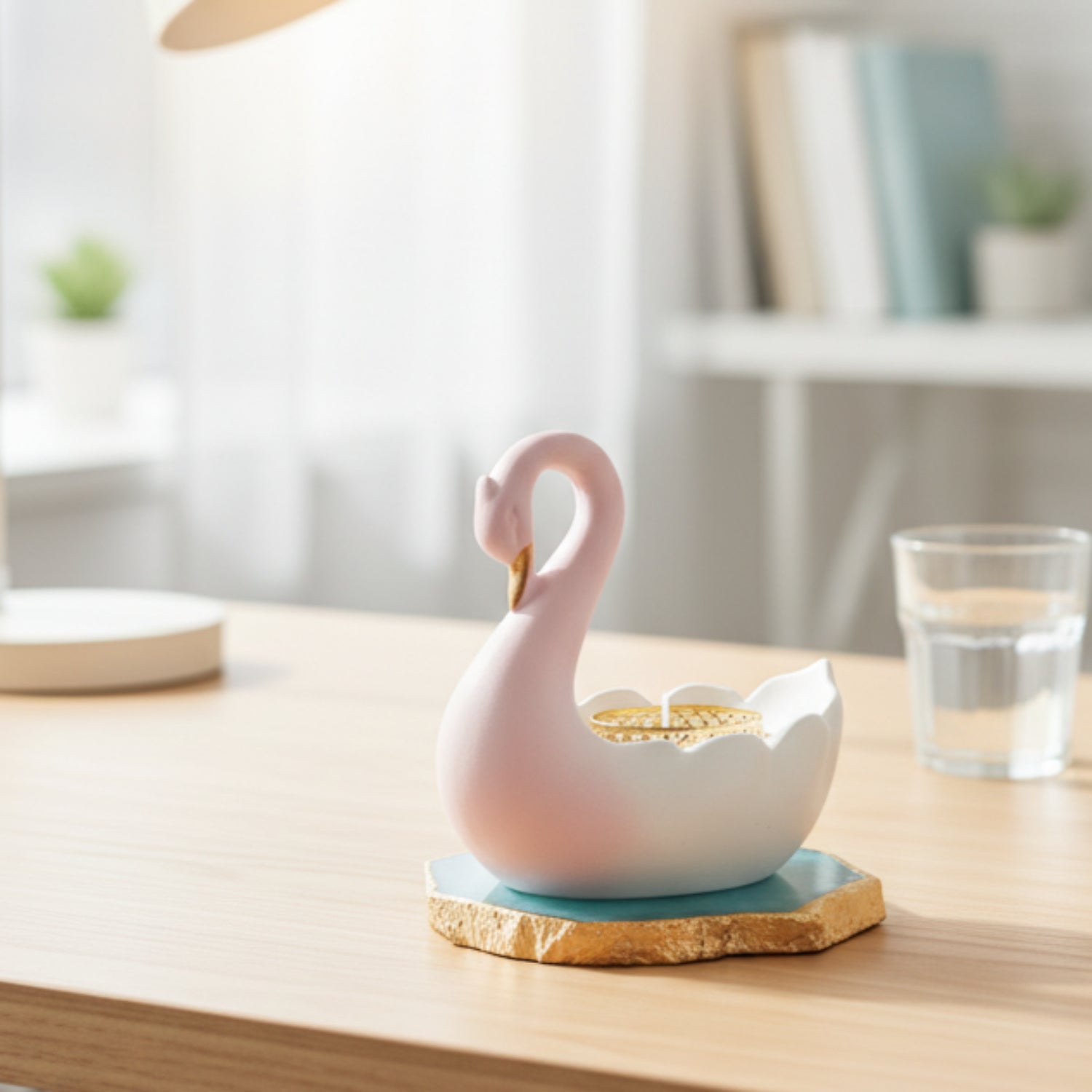 Swan Shaped Tealight Candle Holder Agate Base Turquoise