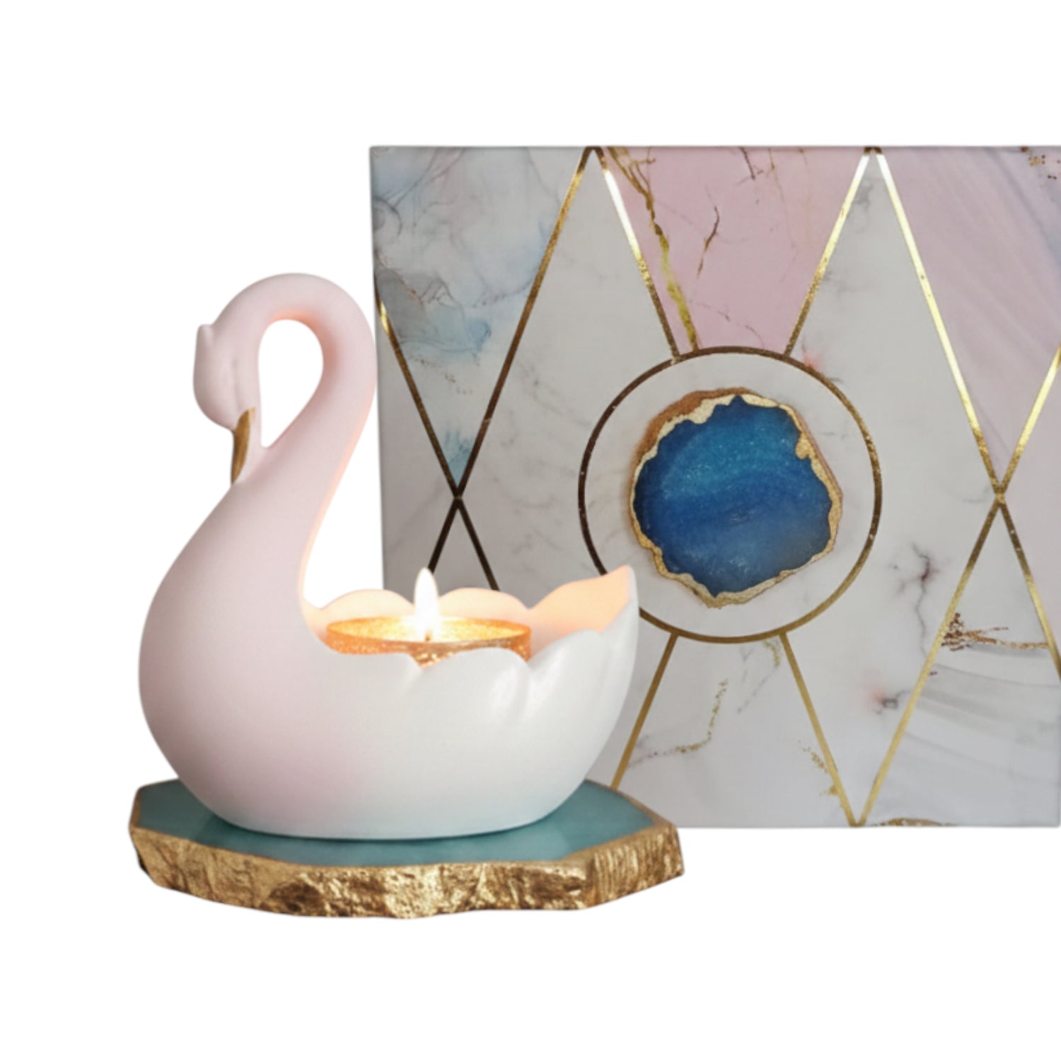 Swan Shaped Tealight Candle Holder Agate Base Turquoise