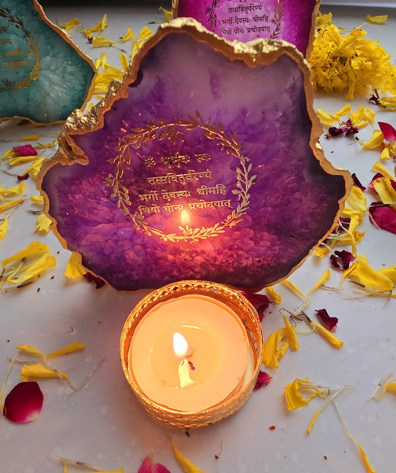 Agate Gayatri Mantra Small Back Side Tealight- Purple