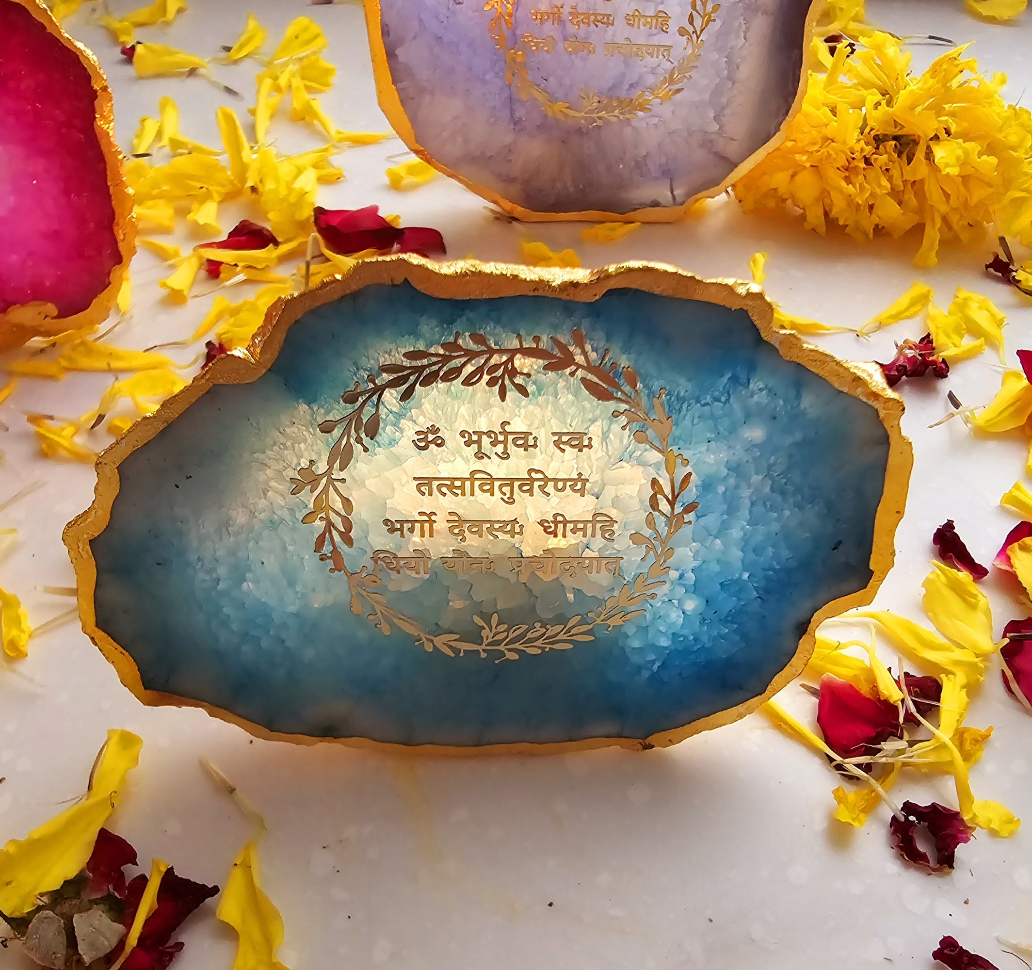 Agate Gayatri Mantra Small Back Side Tealight- Turquoise