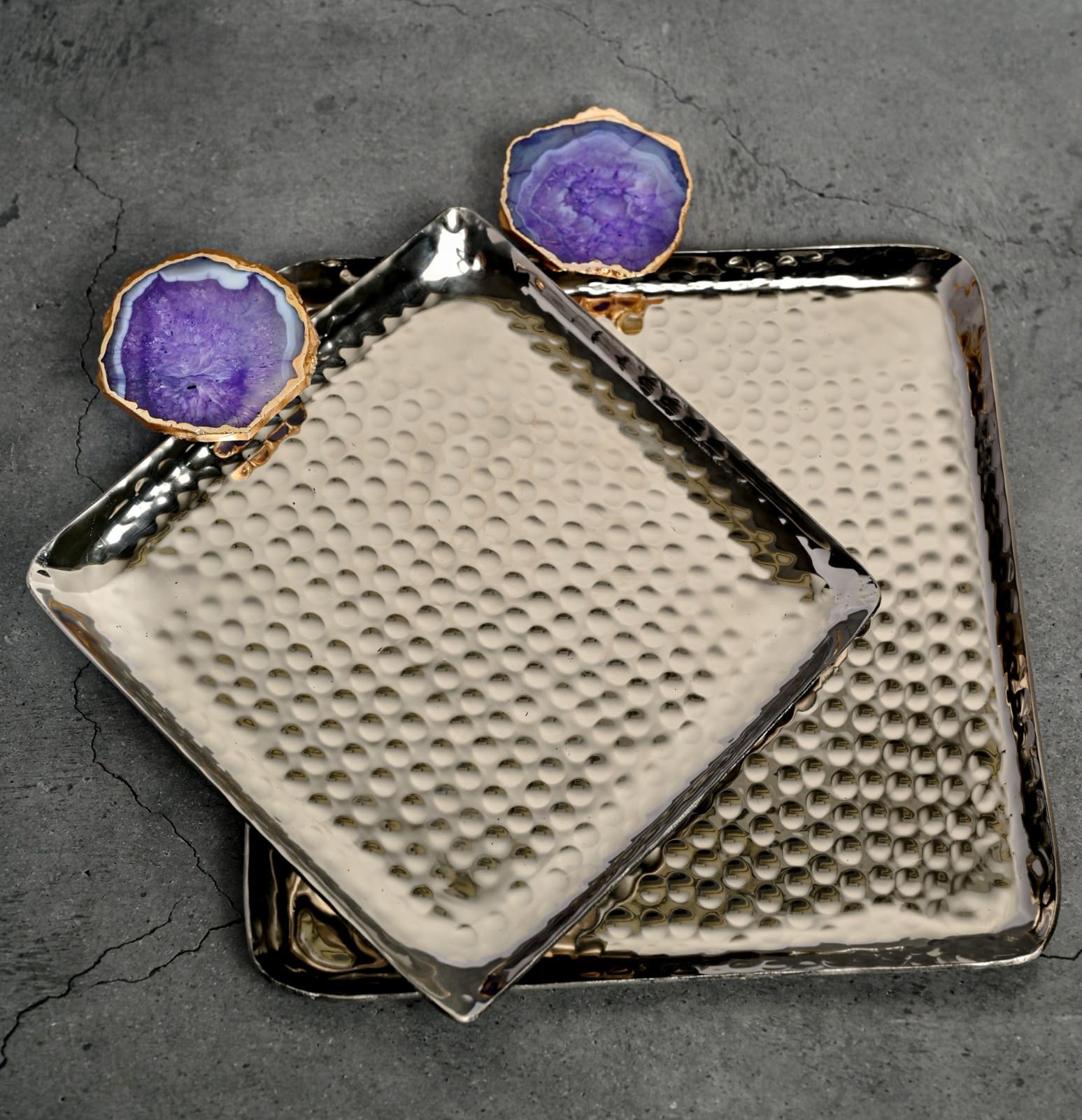 Square Aluminum Tray with Pink Agate