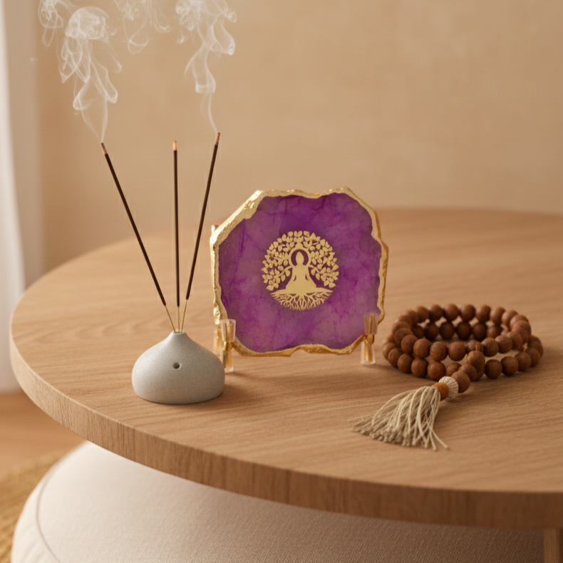 Budha Tree Pink Agate Metal Showpeice