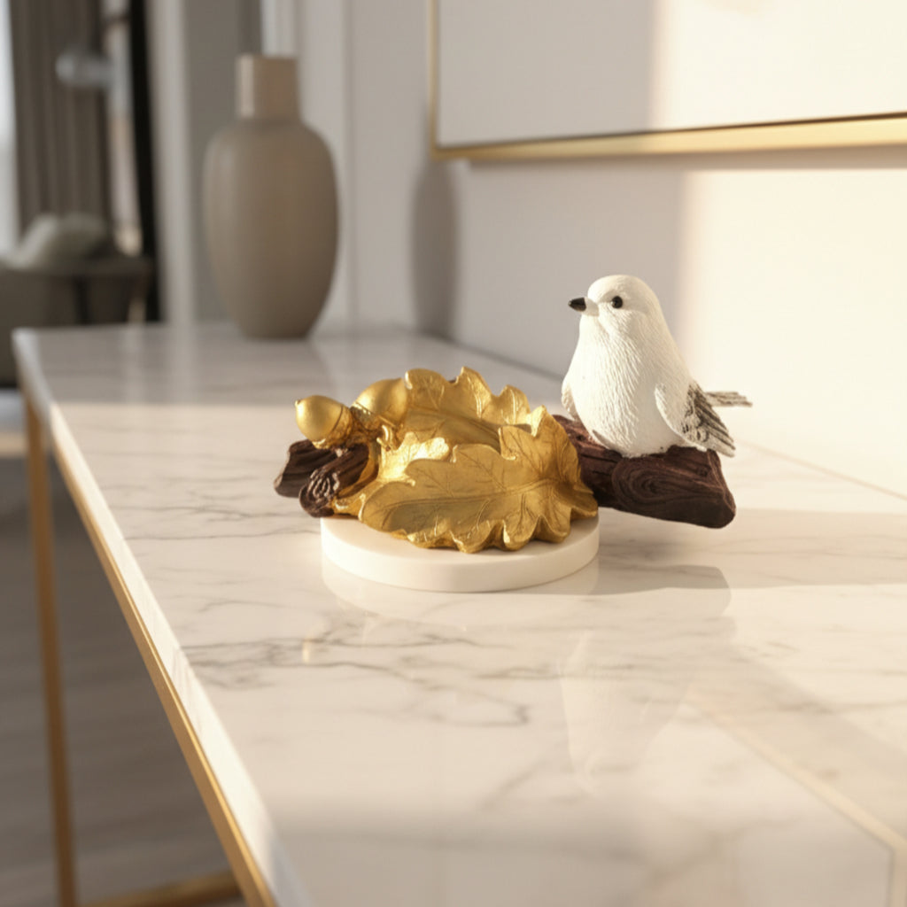 Golden Oak Leaf Bird Candle Holder