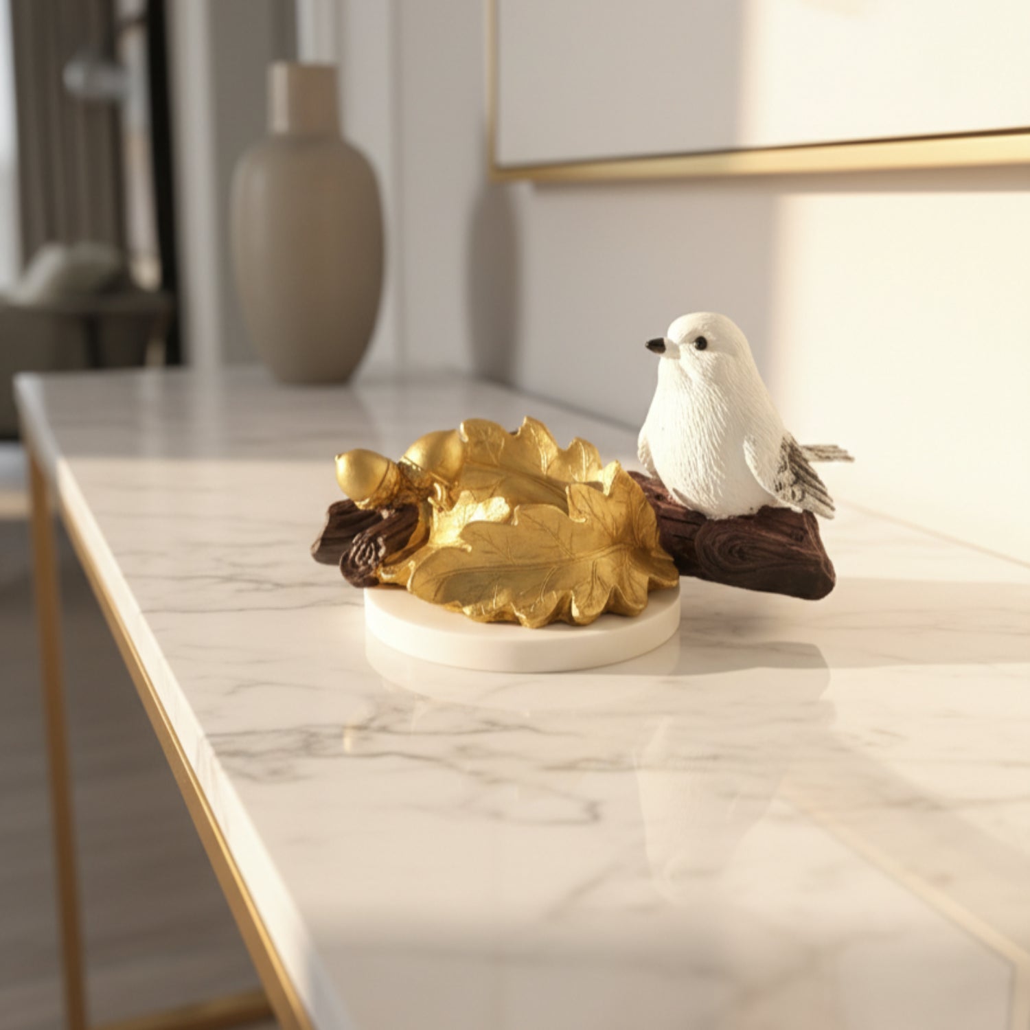 Golden Oak Leaf Bird Candle Holder