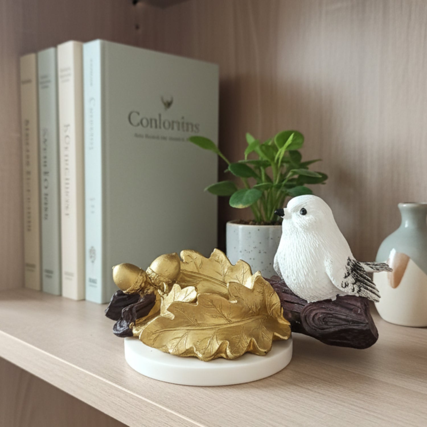 Golden Oak Leaf Bird Candle Holder