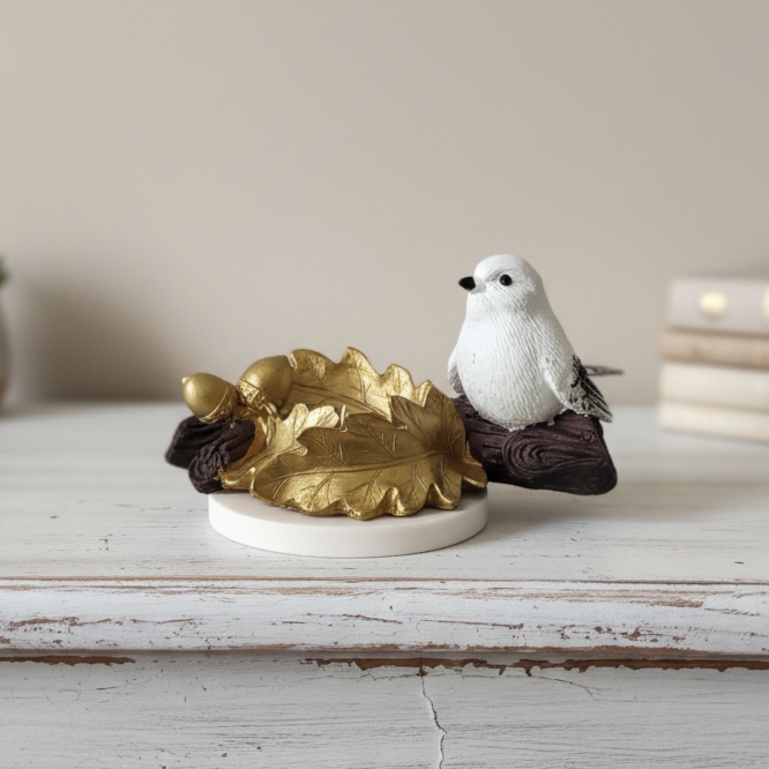 Golden Oak Leaf Bird Candle Holder