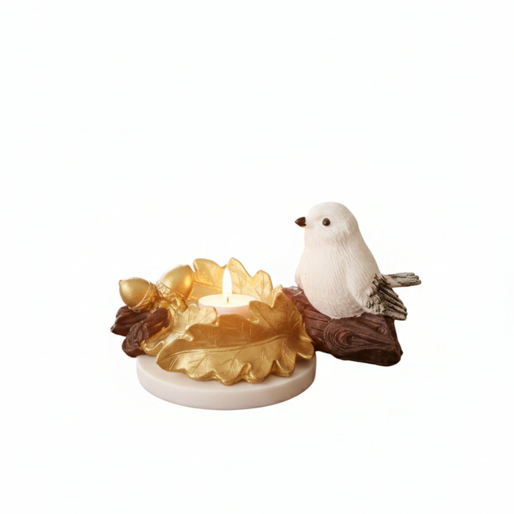 Golden Oak Leaf Bird Candle Holder
