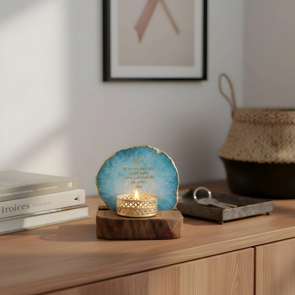 Ik Onkar Mantra Blue Agate Tealight Wooden