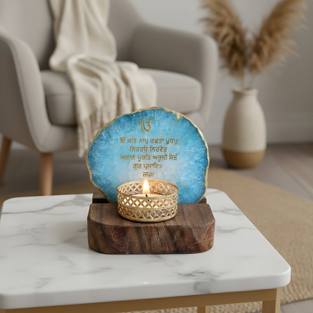 Ik Onkar Mantra Blue Agate Tealight Wooden