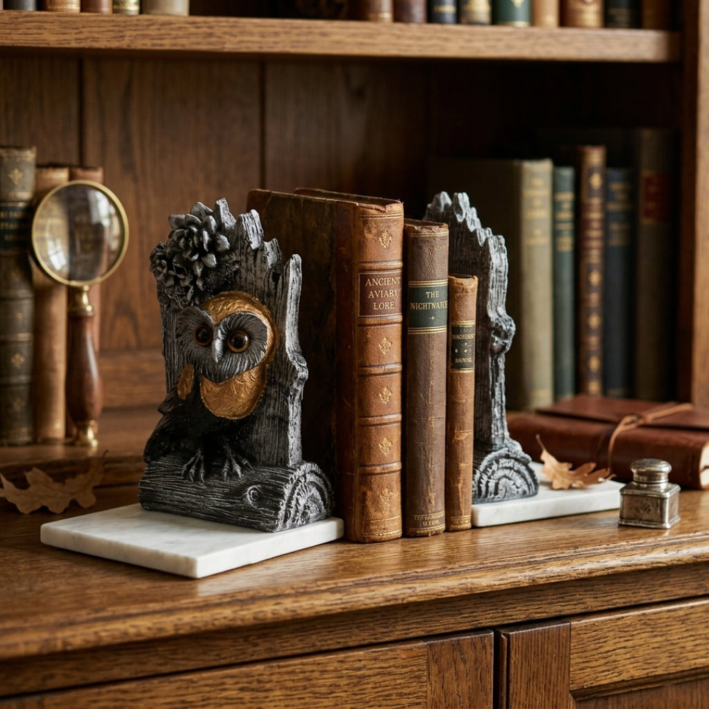 Black Owl Bookends with Marble Base set of 2