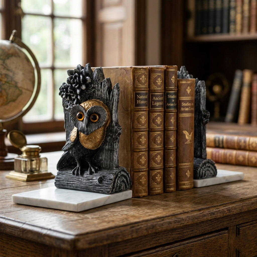 Black Owl Bookends with Marble Base set of 2