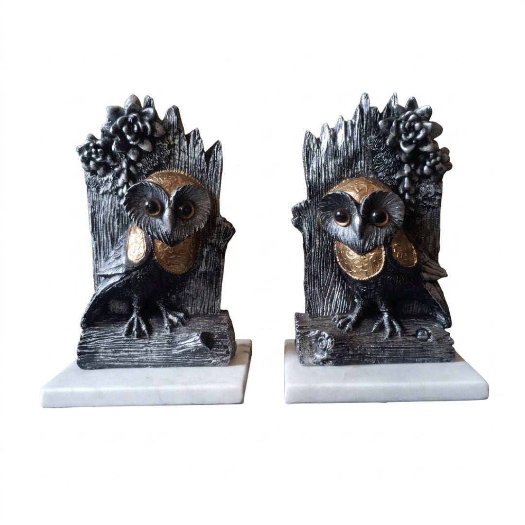 Black Owl Bookends with Marble Base set of 2